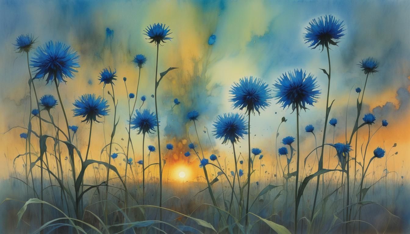 Surreal Chaos: Cornflower Watercolor Splash Art