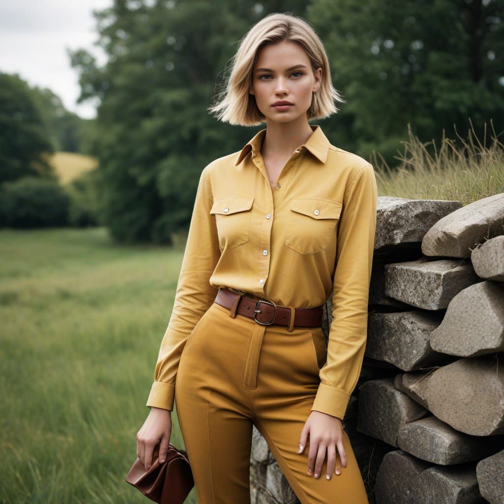 Elegant Equestrian Woman in Mustard Yellow and Grey