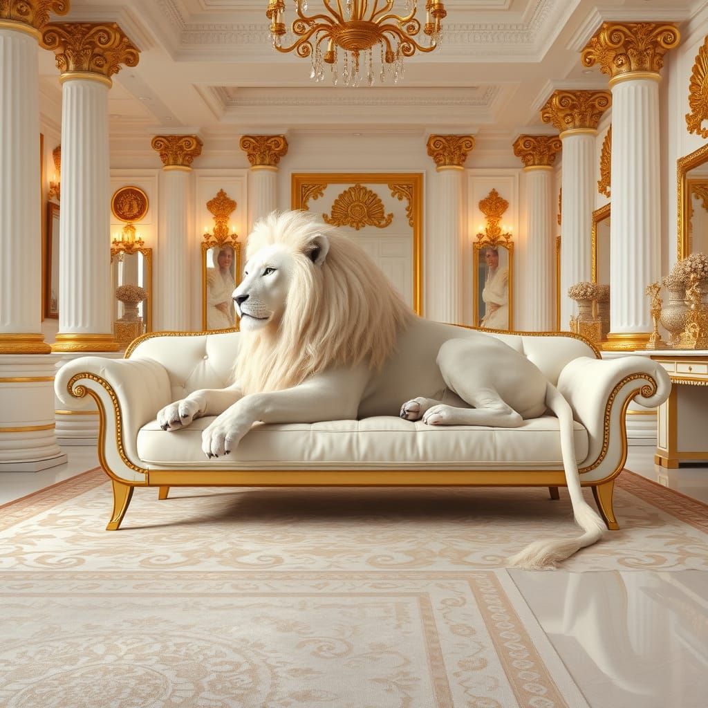 Albino Lion in Luxurious Gold and White Room