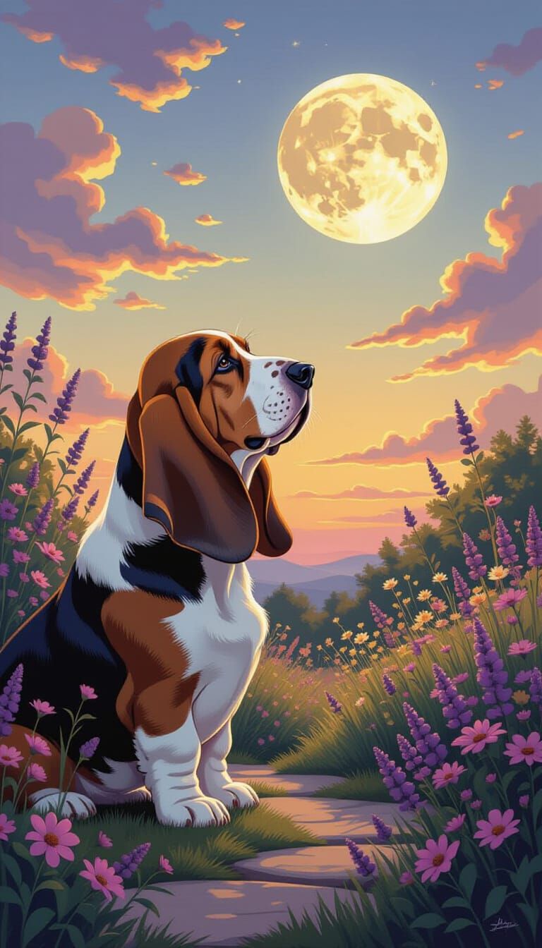 Majestic Basset Hound Gazes at Mooned Sky in Dreamlike Garde...