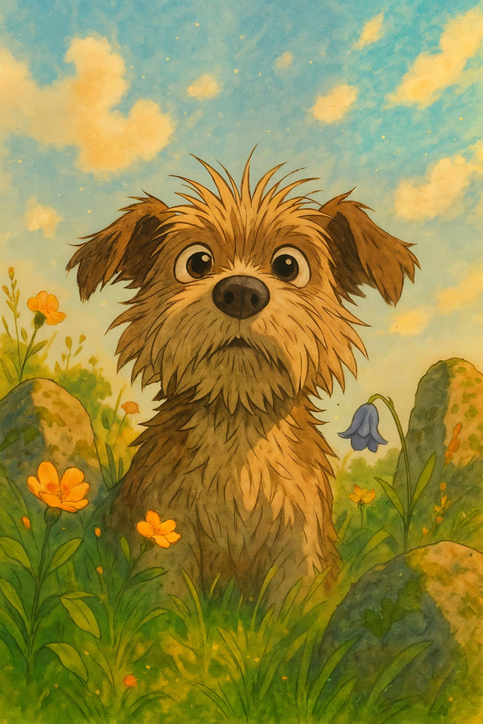 Terrier Gazing Skyward in Wildflower Meadow as Cel-Animation
