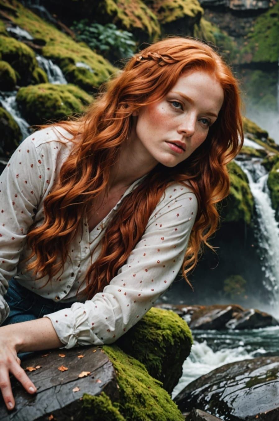 Woman with Red Hair and Waterfall in Puzzle Style
