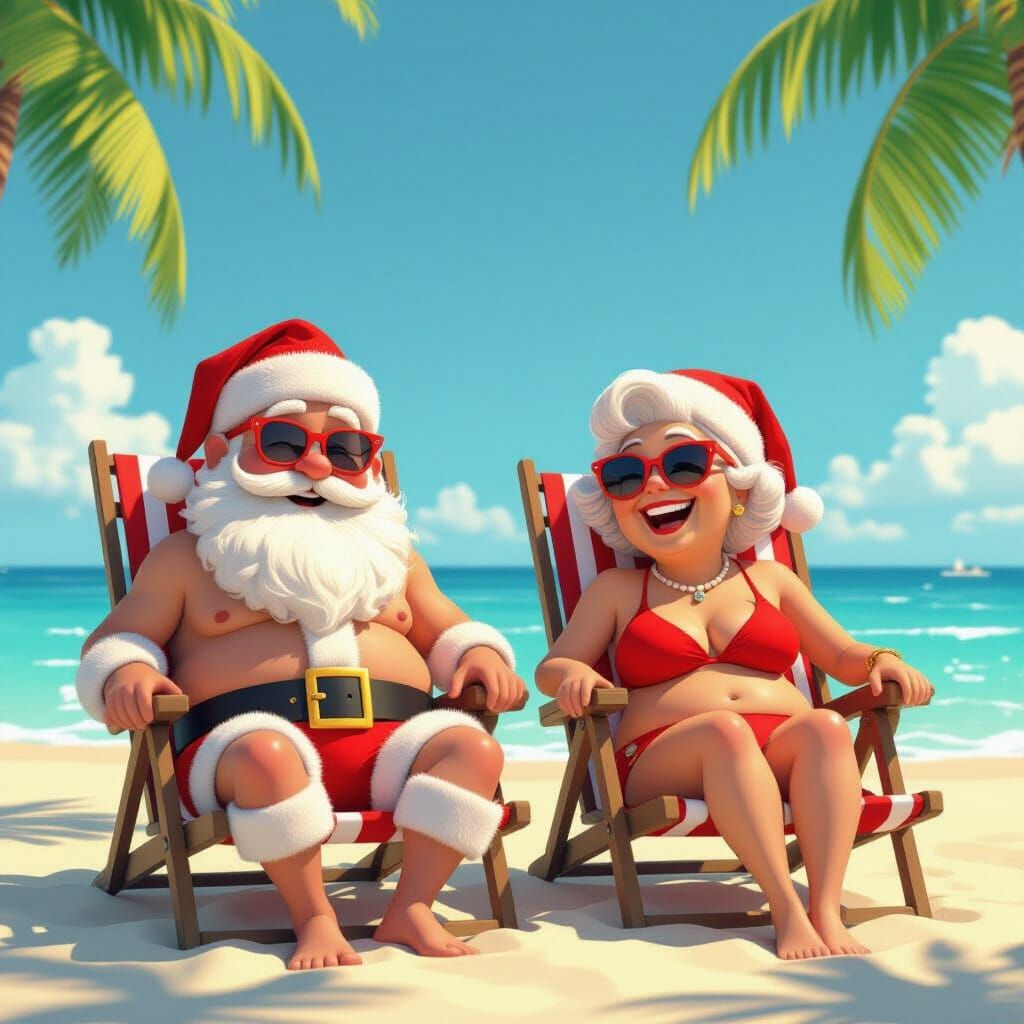 Santa Claus and Wife Relaxing on a Tropical Beach Vacation