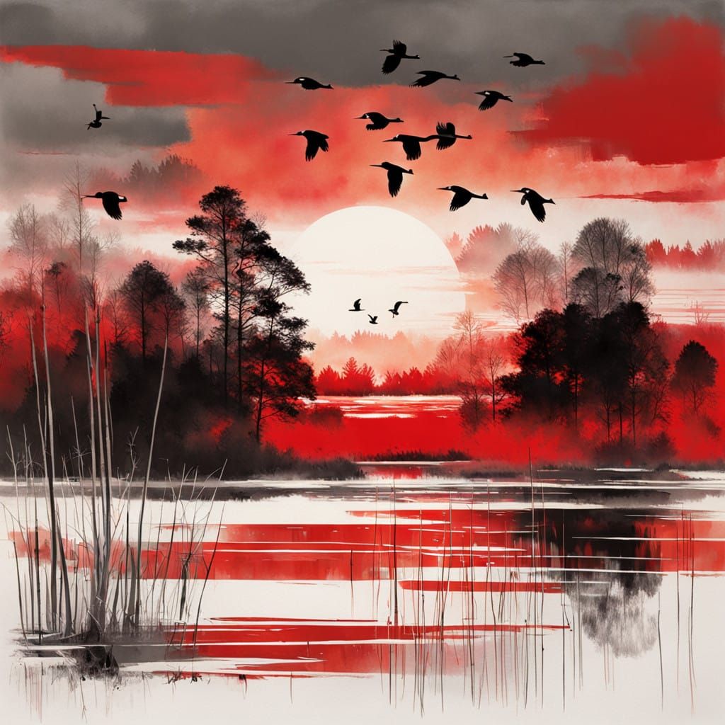 Monochromatic Sunset with Flying Ducks and Bullrushes