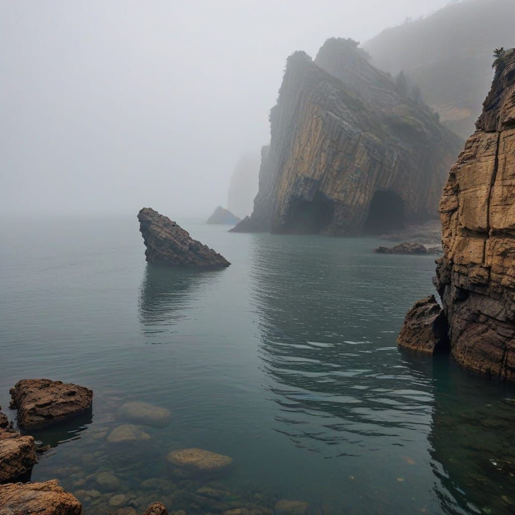 Lost Seaside Canyon with Shipwreck in Fog
