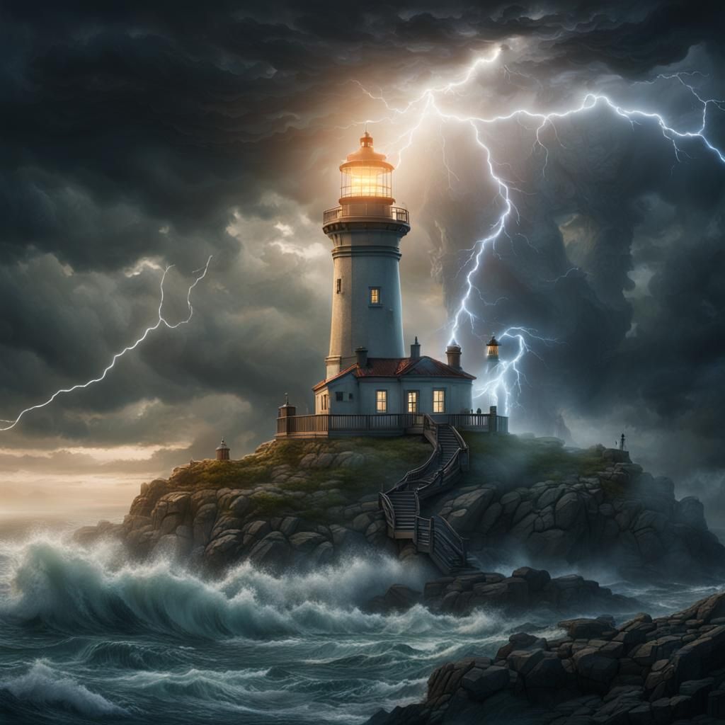 Dragon Guarding Lighthouse in Lightning Storm