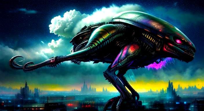 Alien Avatar in Night Cloudscape, Sci-Fi Art