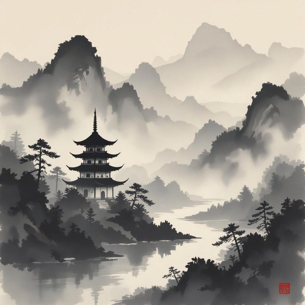 Pagoda in Misty Mountains: Sumi-e Ink Wash Painting