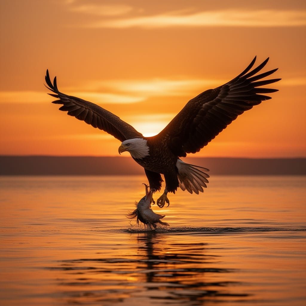 Majestic Sea Eagle Soars at Sunset Over Water