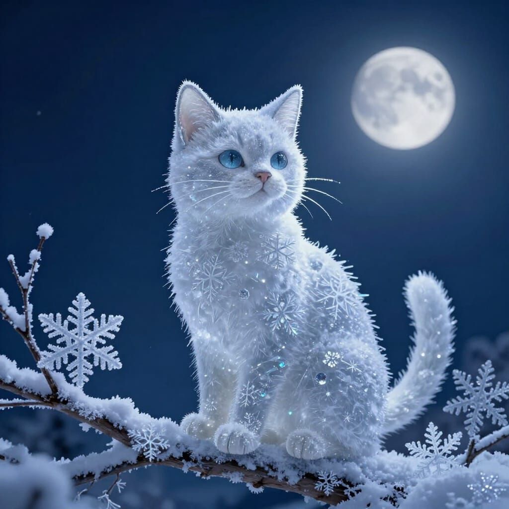 Whimsical Snowflake Cat on Frosted Branch