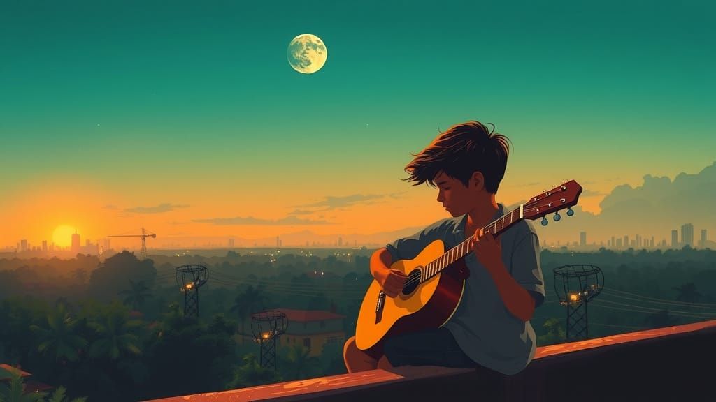 Lo-Fi Painting: Boys on Terrace Gazing at Moon