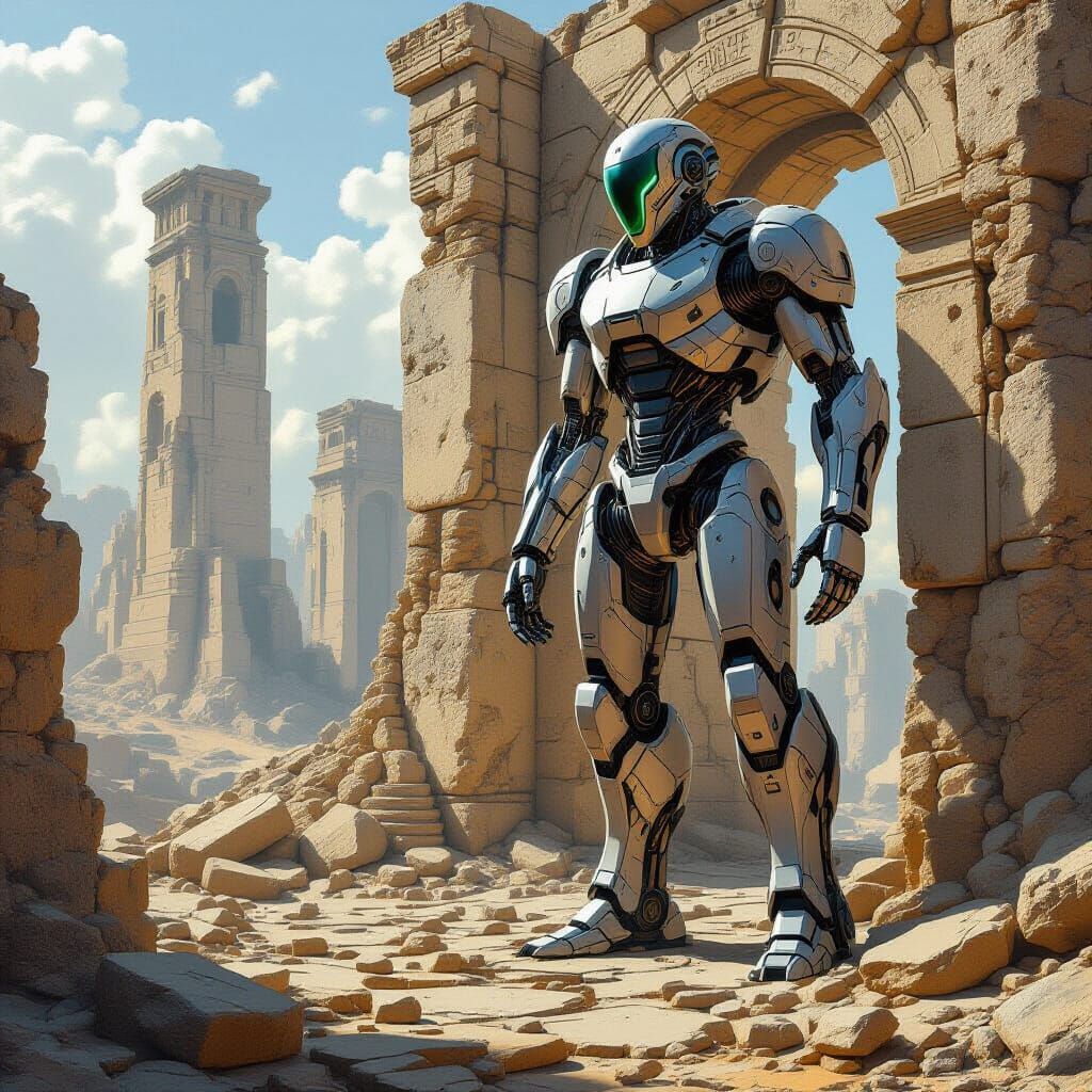 Ancient Ruins Meet Robotic Remnants in Futuristic Dystopia