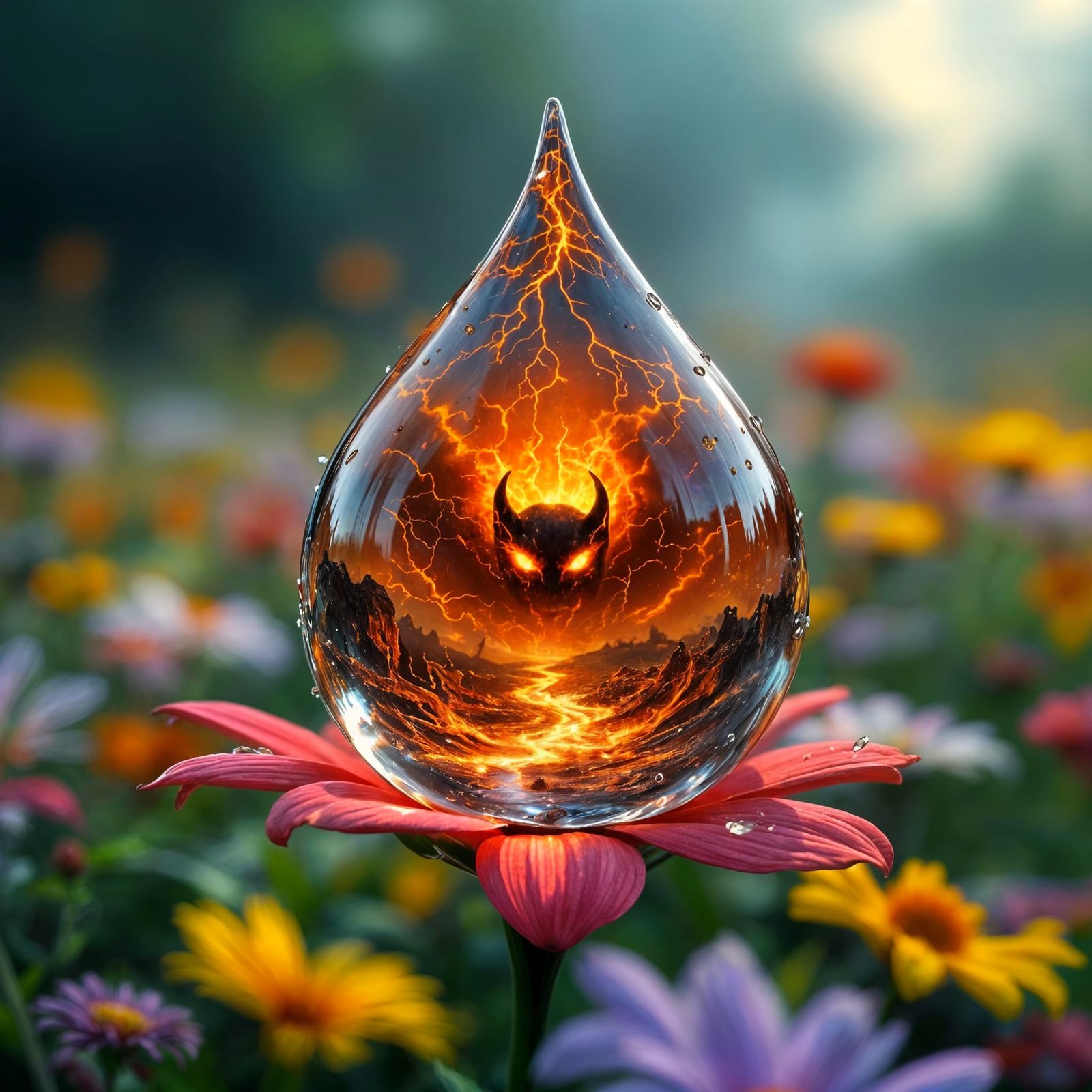 Demonic Realm Reflected in Water Droplet