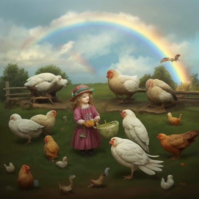 Feeding the chickens under a rainbow