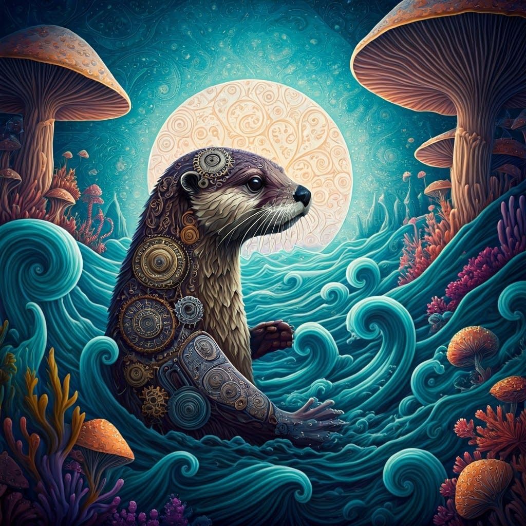 Steampunk Otter Ascends Under Iridescent Moonscape