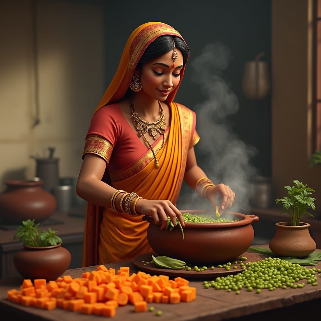 Traditional South Indian Woman Cooking in a Vintage Kitchen