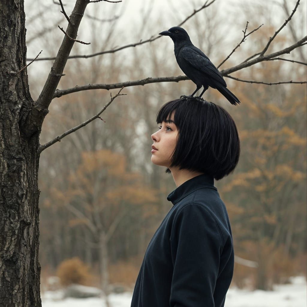 Tomboy Under Bare Tree with Crow in Autumn