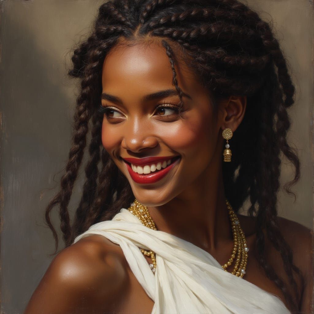 Elegant African Goddess in White Dress with Gold Accents