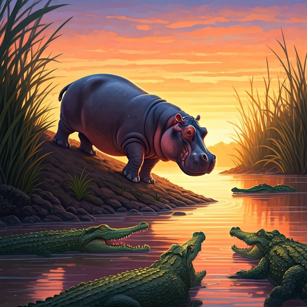 Playful Hippo's River Slide: Whimsical Caricature