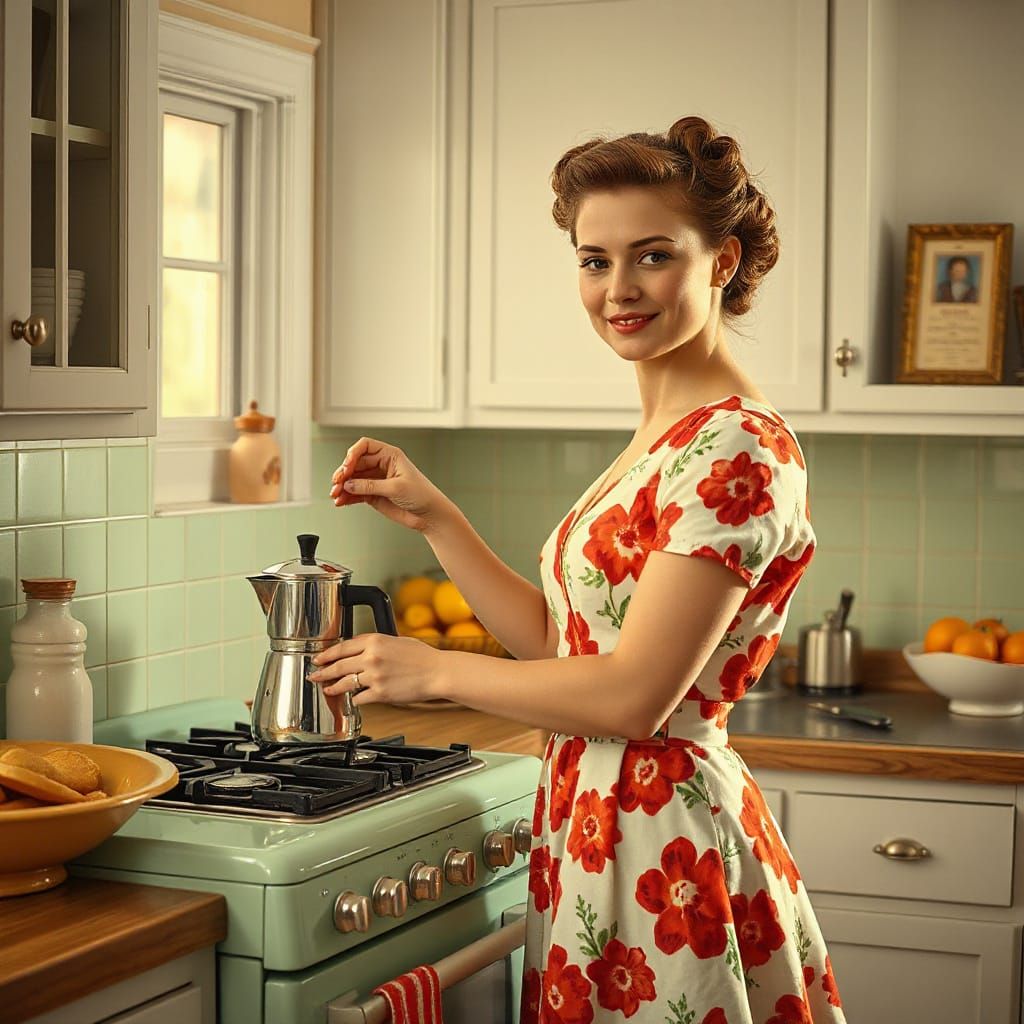 Tradwife in 1950s Kitchen, Art Nouveau Style