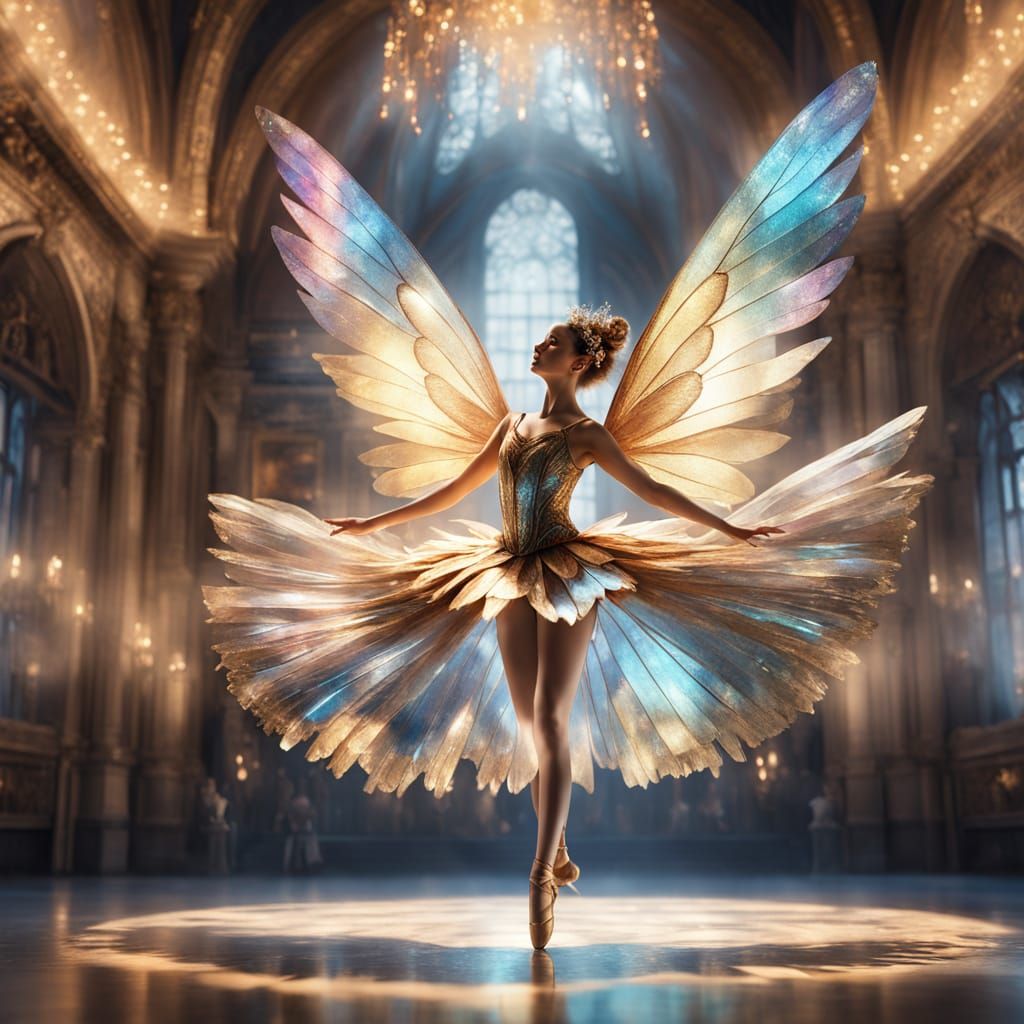 Ballet Fairy in Iridescent Wings and Pastel Tutu