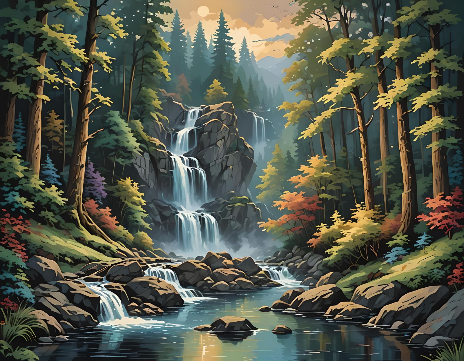 Night Forest Waterfall in Kinkade Style