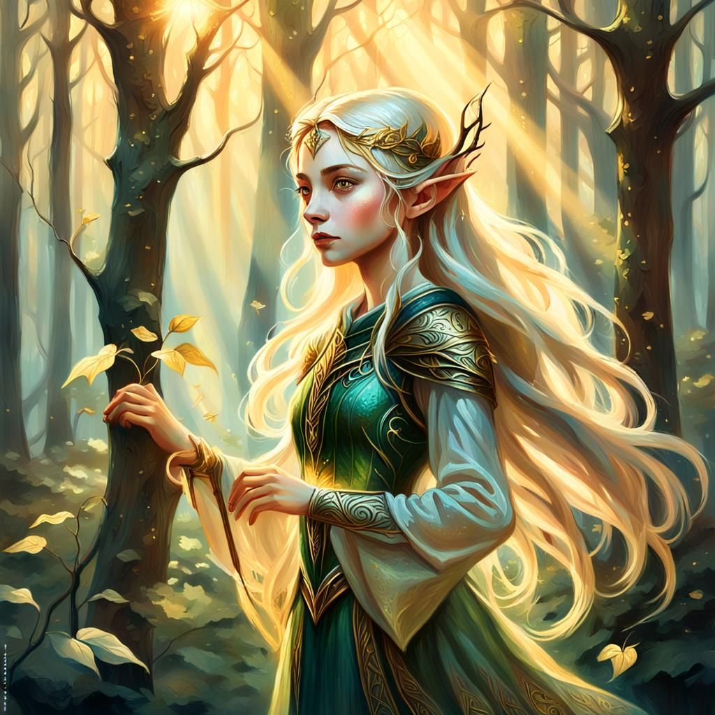 Elven Woman in Sunlit Forest: Fantasy Oil Painting