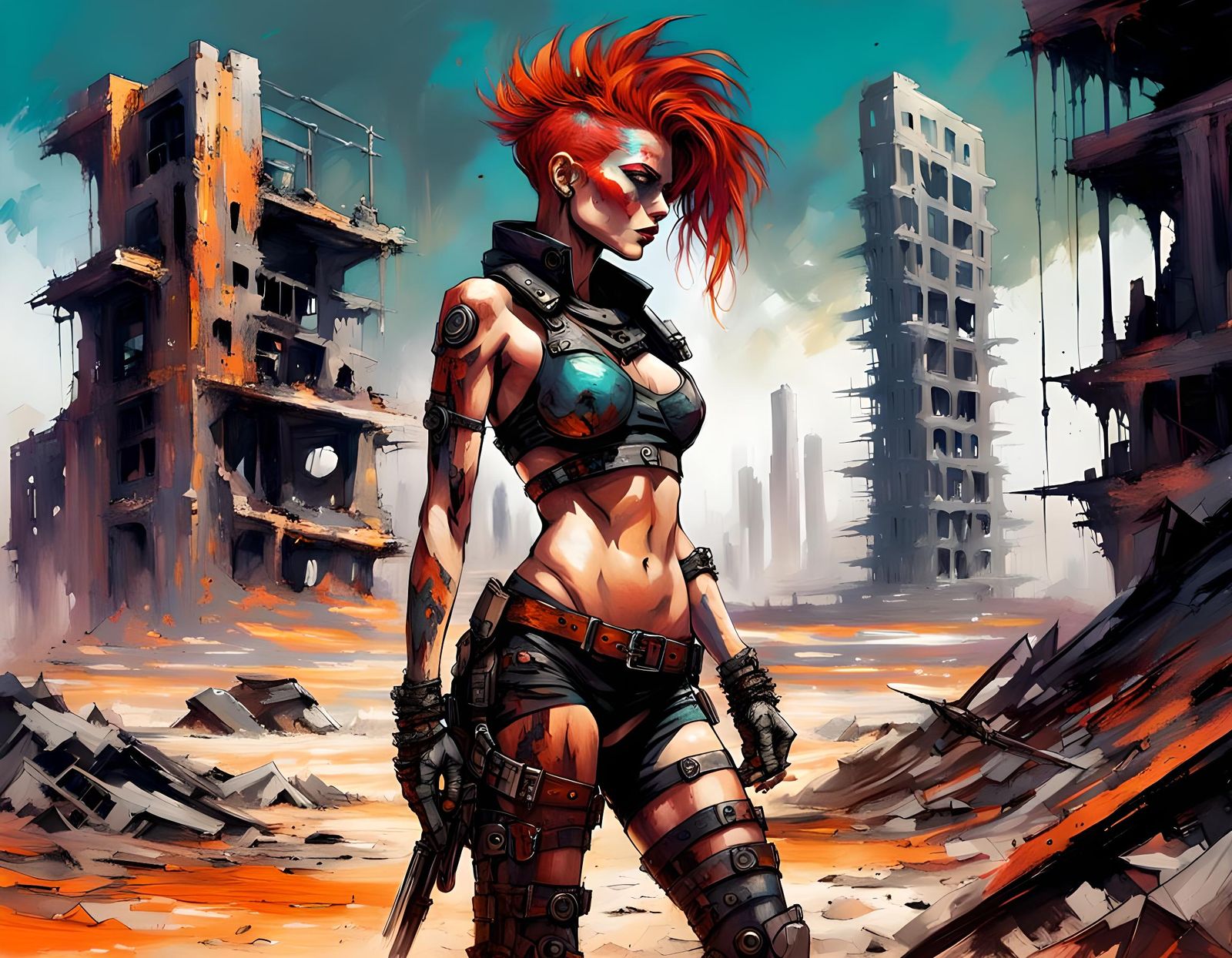Post-Apocalyptic Cyborg with Mohawk in Desolate Landscape