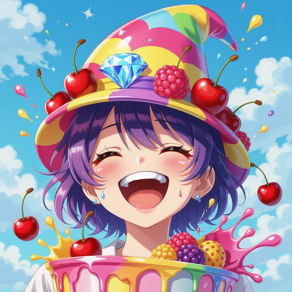 Anime Soda Bottle with Fruit Hat and Laughing Face