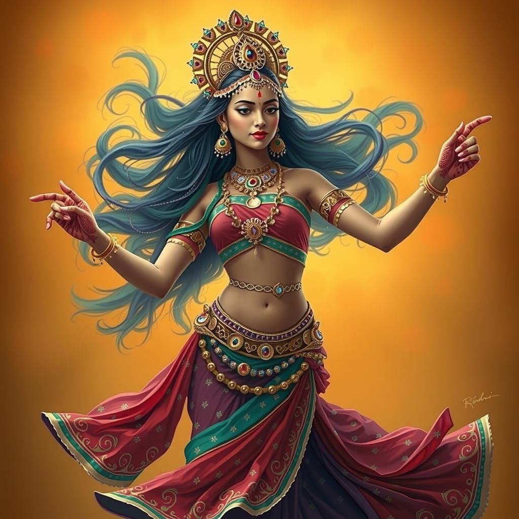 Kali Goddess Dancing in Elegant, Indian-Inspired Attire