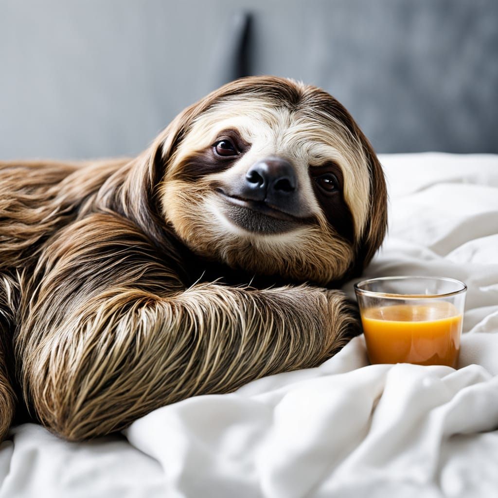 Lazy Sloth Eating and Sleeping Comfortably on a Bed