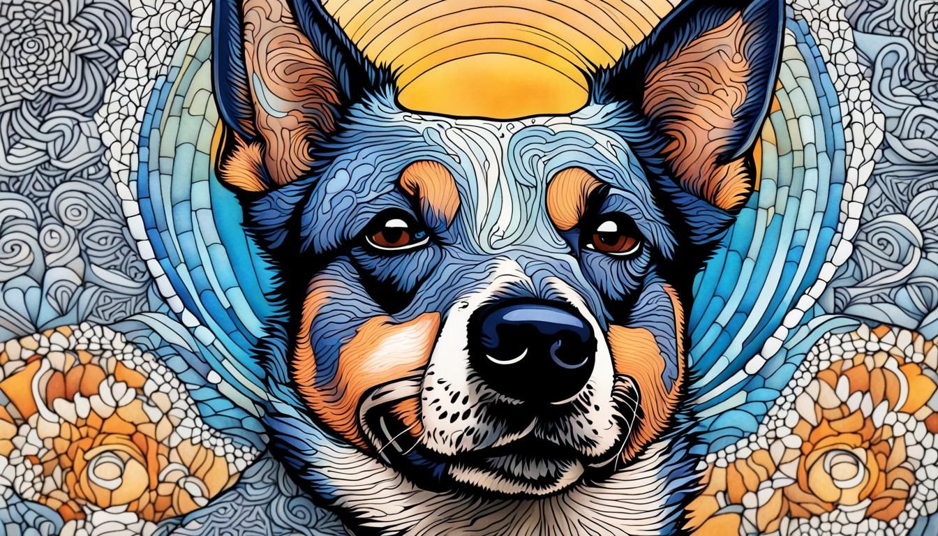 Blue Heeler in Quantum Zentangle Fractal Art