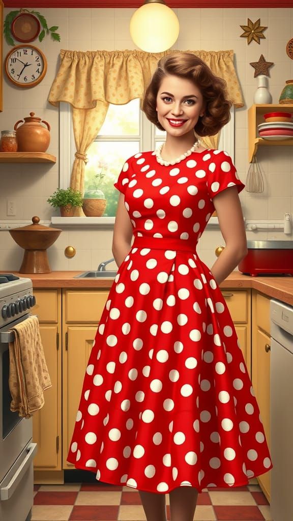 Charming Housewife in Polka Dots, Nostalgic Art Style