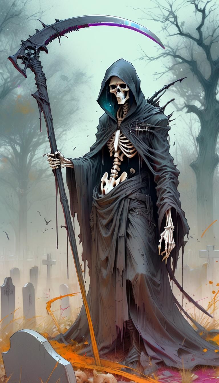 Aetherpunk Grim Reaper Pencil Sketch in Graveyard