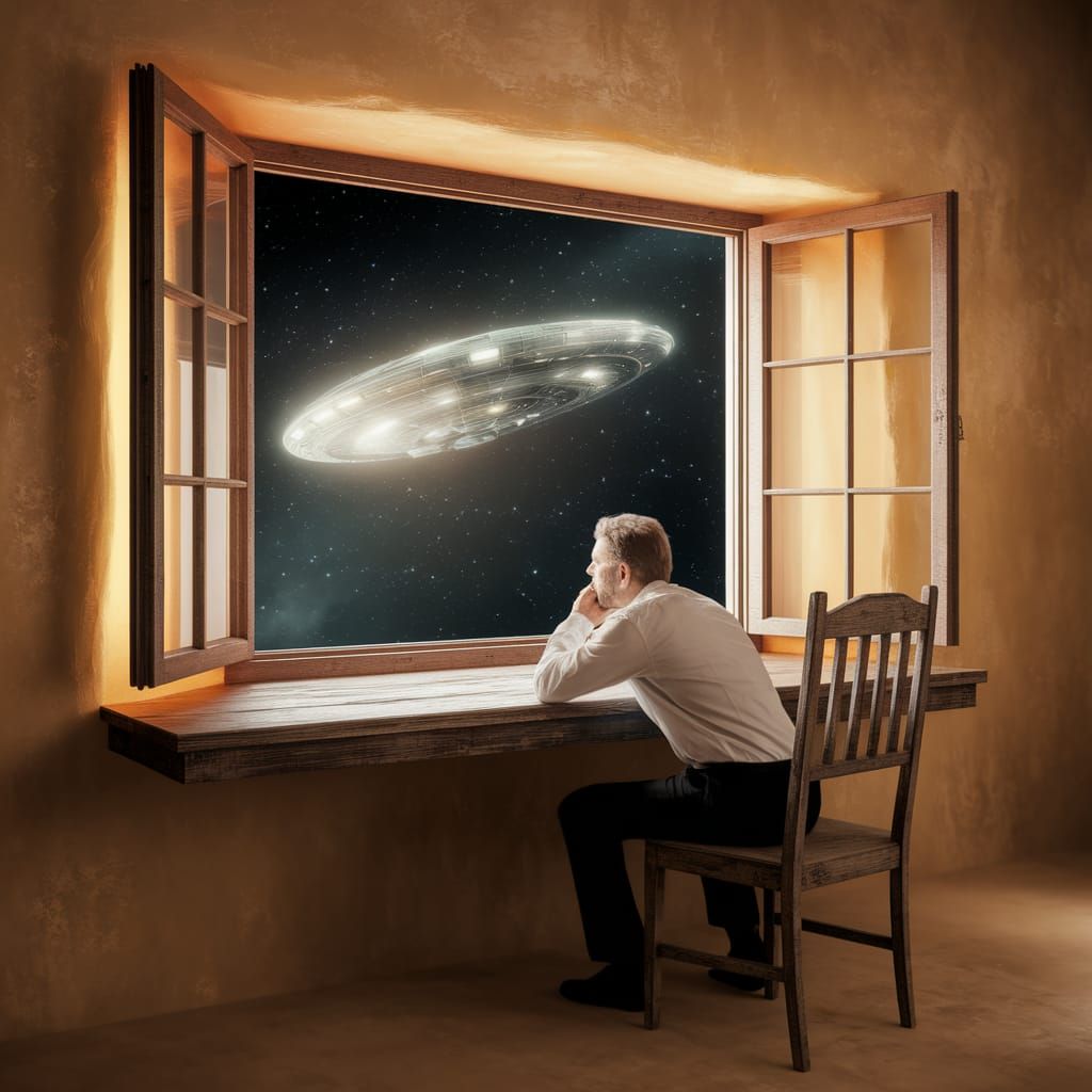 Scientist Observes Spaceship From Desk At Night