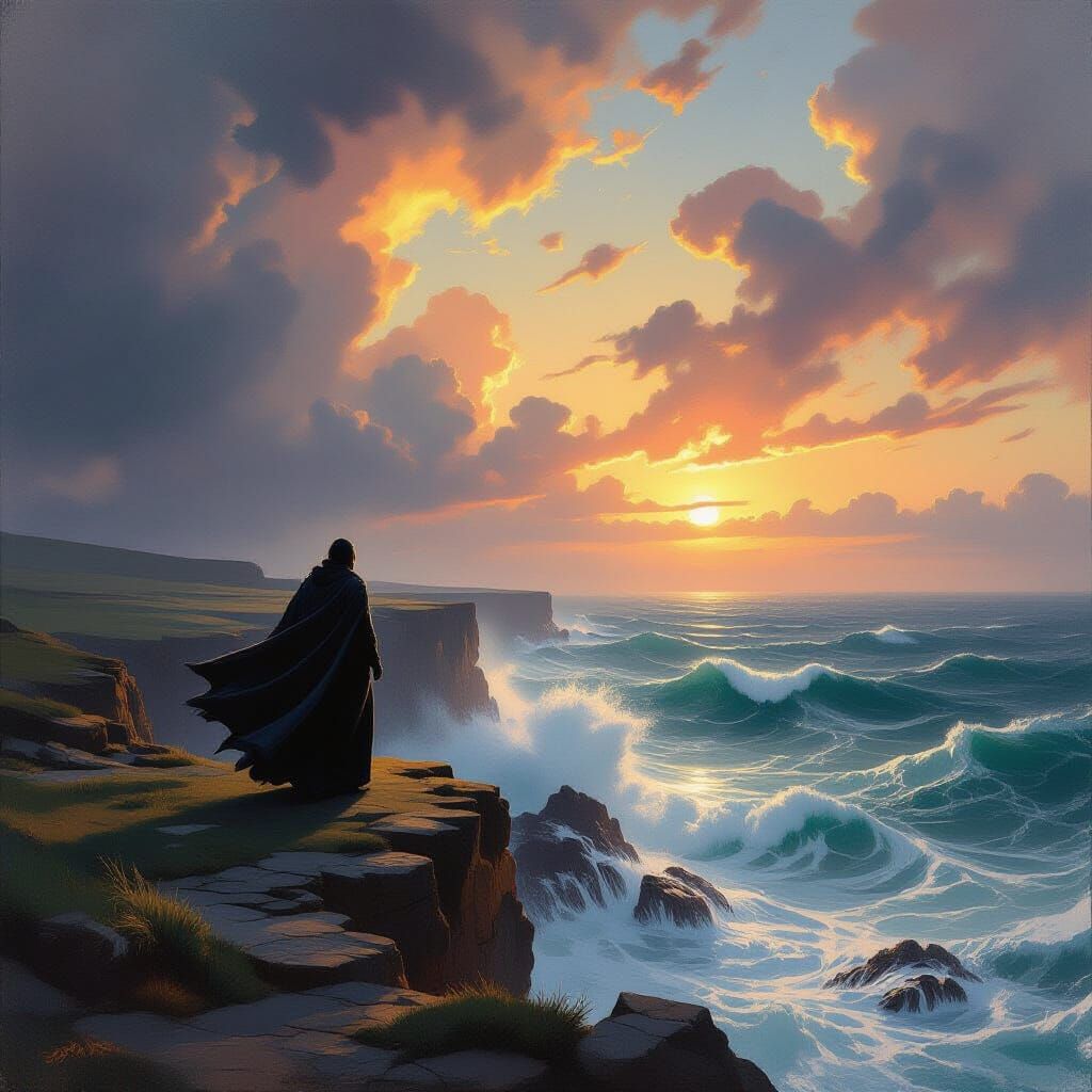 Lone Figure on Windswept Cliff Overlooking Stormy Sea