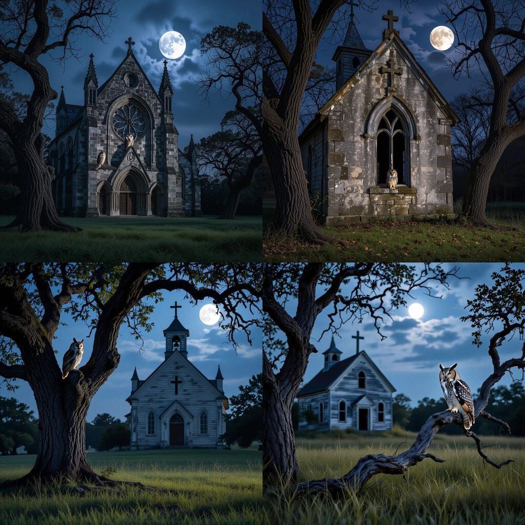 Old Building at Night with Owl, Realistic Style