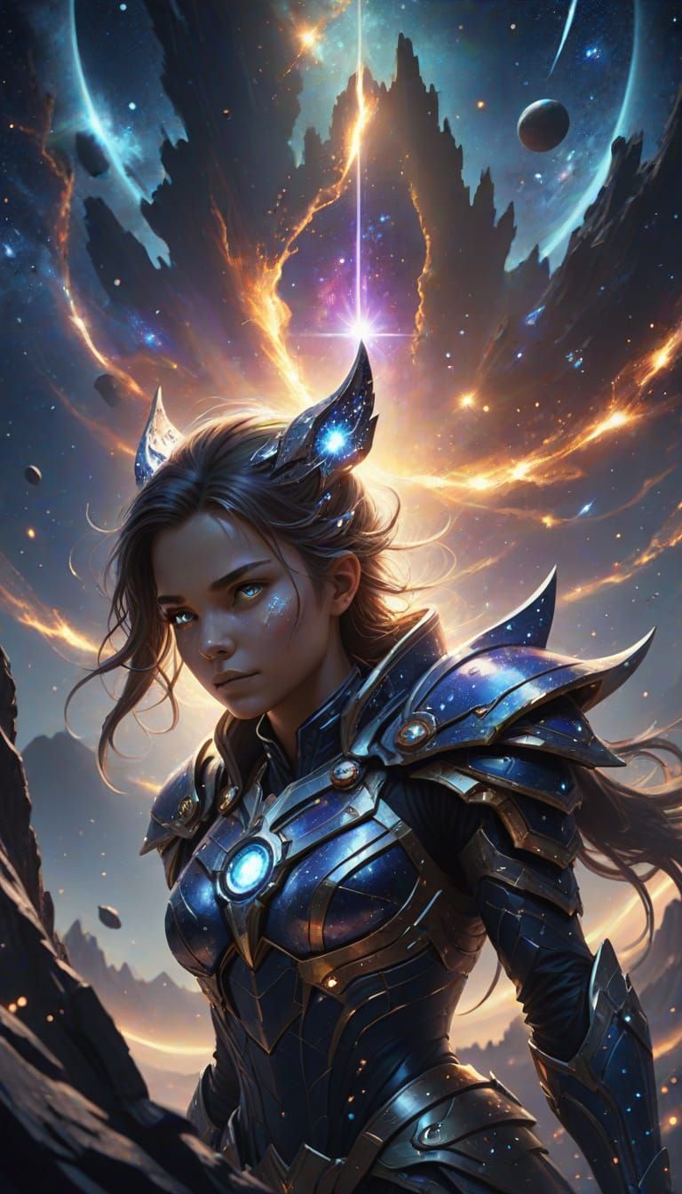 Cosmic Heroine with Starlight Aura in Epic Fantasy Art