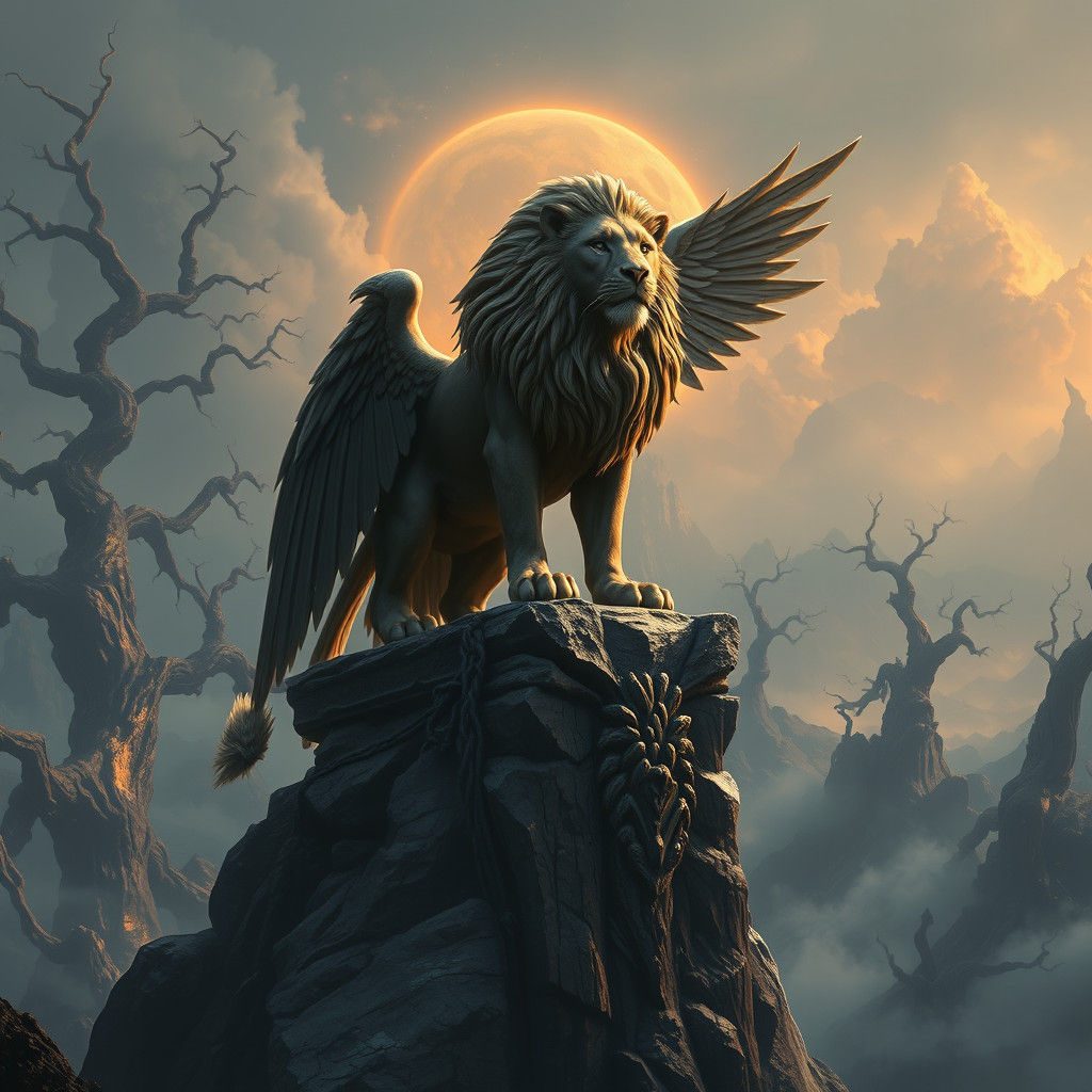 Winged Lion on Pedestal in Mystical Landscape
