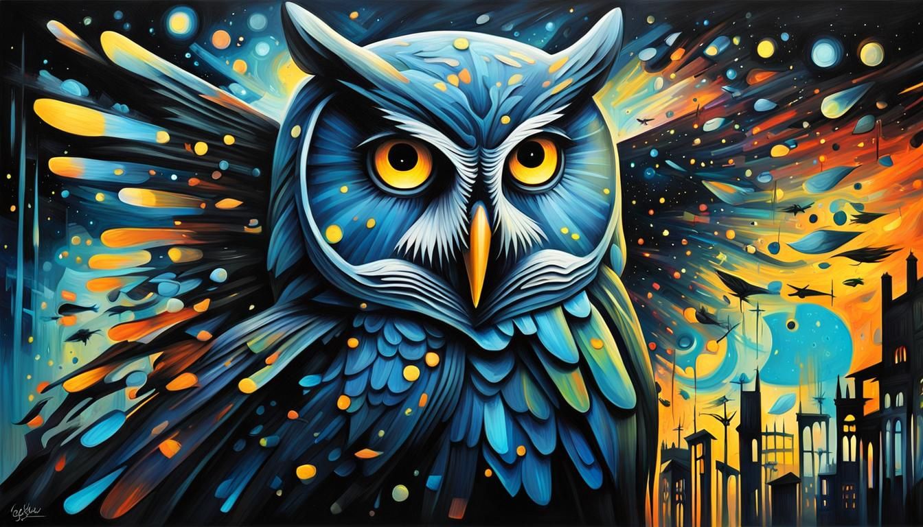 Bioluminescent Night: Cubist Expression with Owl and Insects