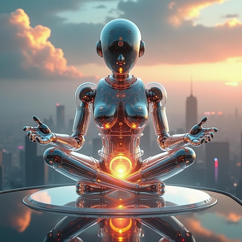 Glass Robot Meditating in Futuristic Cityscape