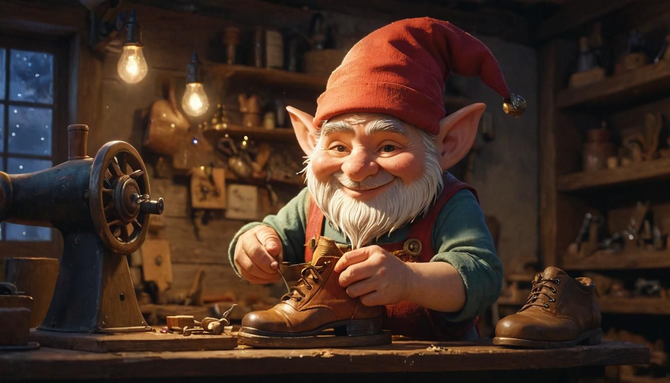 Smiling Gnome Shoemaker in Cozy Workshop