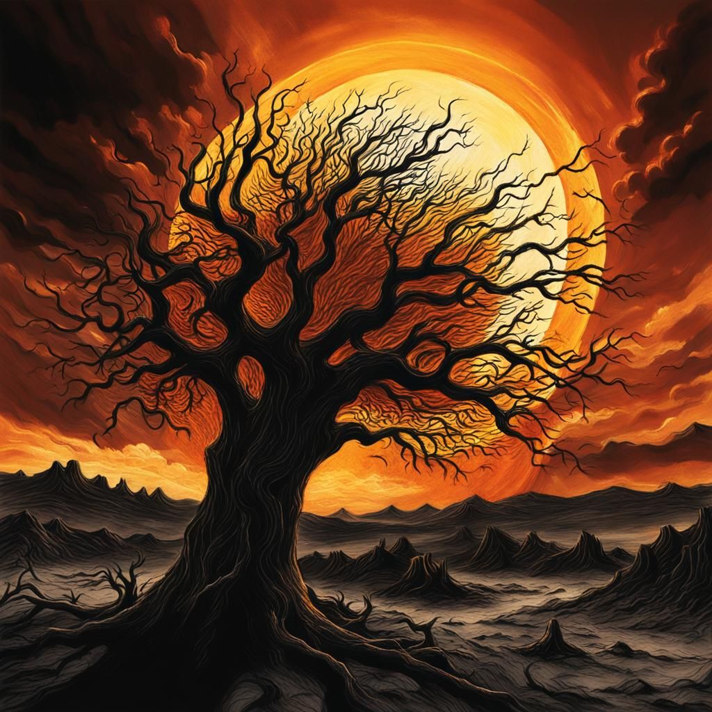 Ominous Sun Over Gothic Landscape, Charcoal Sketch