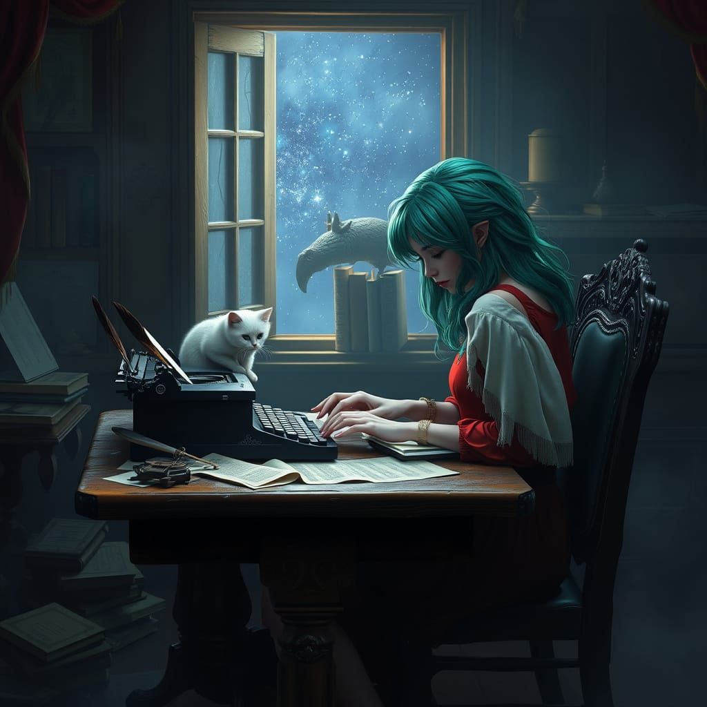 Enchanted Nighttime Scribe in Whimsical Study