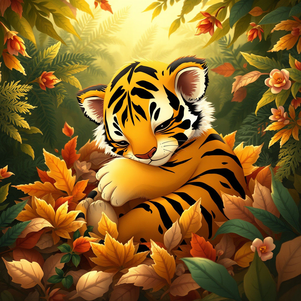 Animated Baby Tiger Snuggles in Jungle Leaves