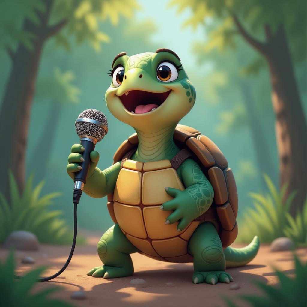Singing Turtle with Microphone: Pixar Cartoon Style
