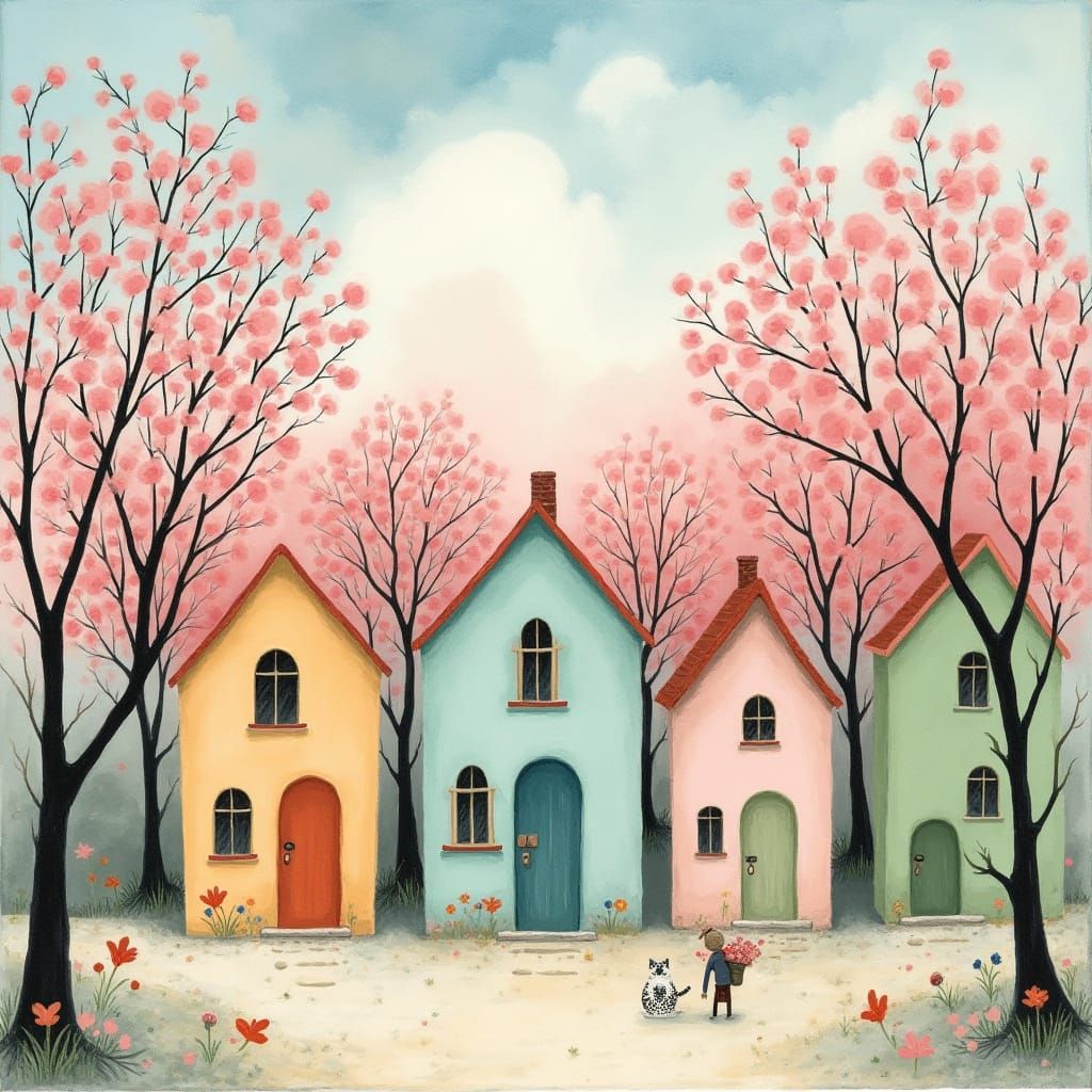 Whimsical Street Scene in Naive Art Style