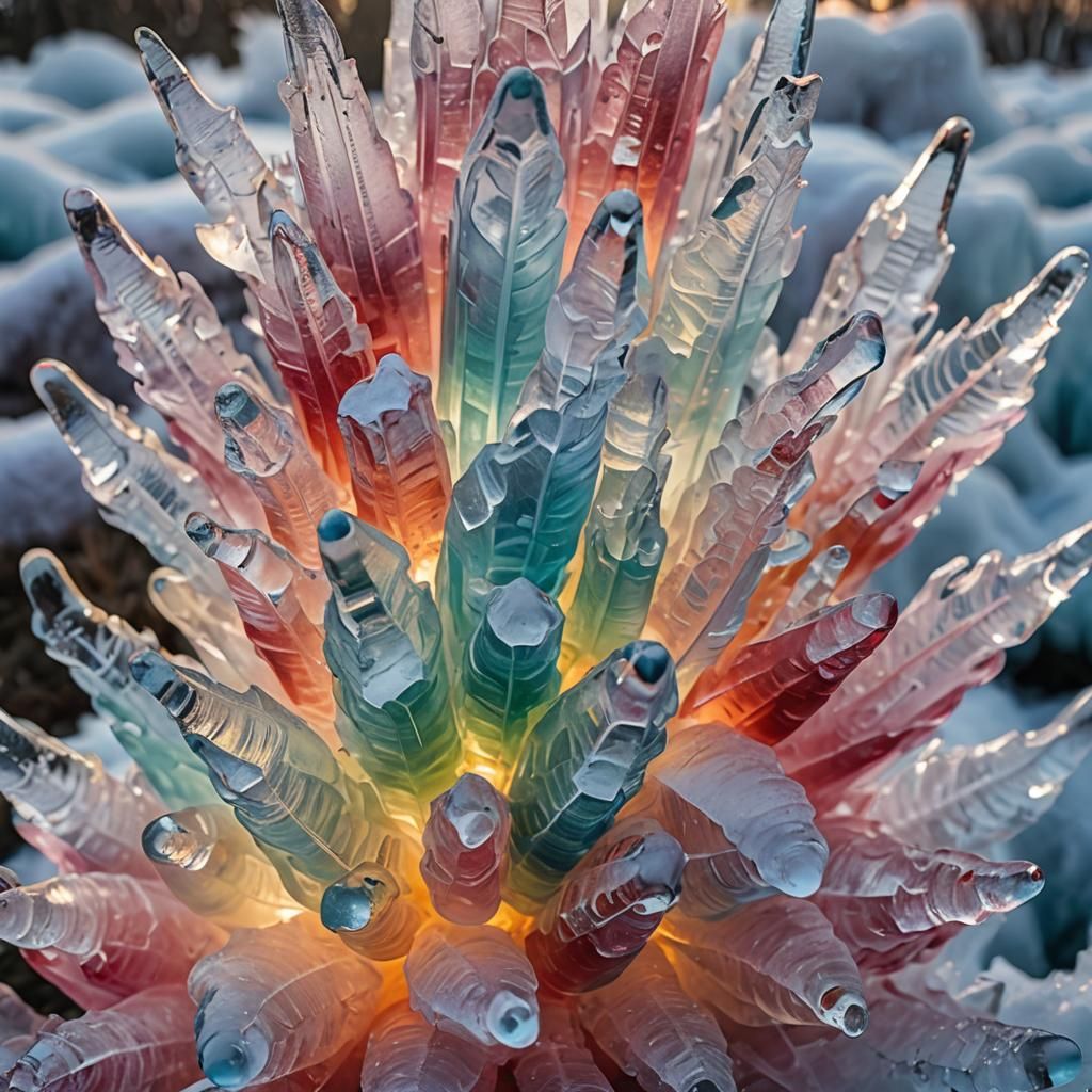 (Giant rainbow ice sculpture. 1.5) radiating iridescent bright colors onto an ice landscape. Incandescent visually stunn...
