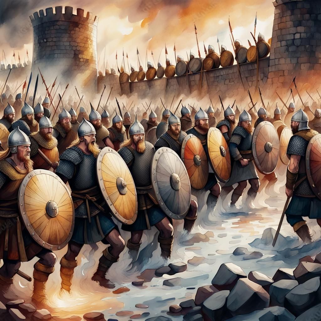 vikings making shield wall during a battle. Watercolour. wall of shields held by viking warriors. Expansive wide-angle b...