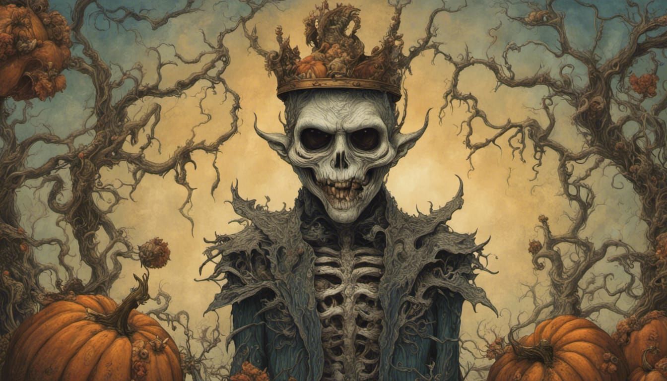 Scary Pumpkin King with Rotten Head and Crown
